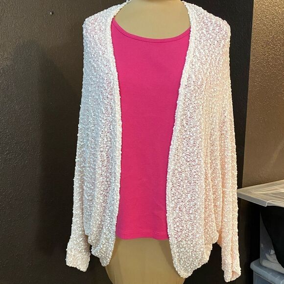 Painted Threads‎ pink and white open knit dolman sleeves open front cardigan - Picture 7 of 7